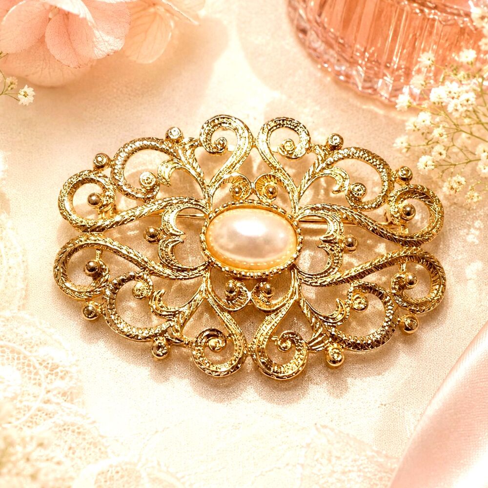 Vintage Premier Designs Gold Tone Faux Pearl Ornate Statement Brooch